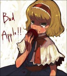 Rule 34 | 1girl, alice margatroid, apple, bad apple!!, bad id, bad pixiv id, blood, crying, crying with eyes open, domotolain, eating, face, female focus, food, fruit, solo, tears, touhou