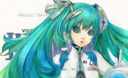 Rule 34 | 1girl, alien (alienlolita), bad id, bad pixiv id, bodysuit, cable, colored pencil (medium), green eyes, green hair, hair ornament, hatsune miku, highres, long hair, project diva, project diva (series), traditional media, twintails, vocaloid
