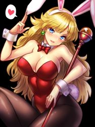 Rule 34 | 1girl, animal ears, bare shoulders, black background, black pantyhose, blonde hair, blue eyes, blush, bow, bowtie, breasts, character request, cleavage, detached collar, dragon quest, dragon quest iv, earrings, fake animal ears, heart, jewelry, large breasts, leotard, long hair, looking at viewer, pantyhose, parted lips, playboy bunny, rabbit ears, rabbit tail, simple background, smile, solo, spoken heart, staff, tail, vivian (dq4), wrist cuffs, yapo (croquis side)