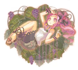 Rule 34 | ankle lace-up, bad id, bad pixiv id, cross-laced footwear, food, fruit, grapes, hair ribbon, inase, long hair, lowres, lying, pink eyes, pink hair, ribbon, sandals, solo, wristband