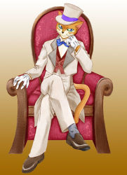 Rule 34 | 00s, 1boy, animal ears, cat, cat ears, chair, crossed legs, formal, full body, furry, furry male, gloves, gradient background, hat, head rest, lowres, male focus, neko no ongaeshi, sitting, solo, studio ghibli, suit, the baron, white gloves, yoiyoi