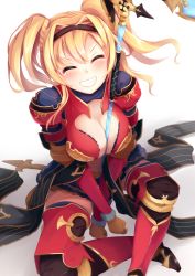 Rule 34 | 10s, 1girl, between breasts, blonde hair, blush, breasts, cleavage, crop top, closed eyes, granblue fantasy, grin, hairband, highres, igayan, long sleeves, polearm, red thighhighs, see-through, sitting, skirt, smile, solo, thighhighs, twintails, weapon, zeta (granblue fantasy), zettai ryouiki