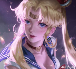 Rule 34 | 1girl, absurdres, artist name, atomicxx, bishoujo senshi sailor moon, blonde hair, blue eyes, blue sailor collar, breasts, choker, cleavage, crescent, crescent earrings, derivative work, diadem, double bun, earrings, hair bun, headband, heart, heart choker, highres, jewelry, looking at viewer, meme, sailor collar, sailor moon, sailor moon redraw challenge (meme), sailor senshi uniform, screenshot redraw, solo, tsukino usagi
