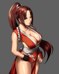 Rule 34 | 1girl, breasts, brown eyes, brown hair, cleavage, collarbone, cowboy shot, fatal fury, female focus, grey background, high ponytail, highres, kurone rinka, large breasts, long hair, looking at viewer, matching hair/eyes, ninja, no bra, no pants, pelvic curtain, ponytail, revealing clothes, shiranui mai, simple background, sleeveless, snk, solo, standing, the king of fighters, thighs