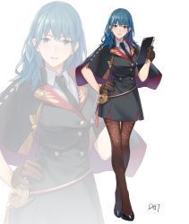Rule 34 | 1girl, absurdres, alternate costume, artist name, black capelet, black dress, black footwear, black gloves, black necktie, blue eyes, blue hair, brown pantyhose, byleth (female) (fire emblem), byleth (fire emblem), capelet, commentary, crossed legs, da-cart, dress, fire emblem, fire emblem: three houses, full body, gloves, half gloves, hand on own hip, hand up, highres, holding, long hair, looking at viewer, necktie, nintendo, pantyhose, parted lips, shoes, short dress, signature, simple background, smile, solo, standing, watson cross, white background, zoom layer
