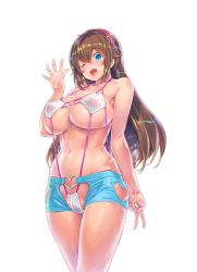 Rule 34 | 1girl, ;d, absurdres, blue eyes, blush, breasts, brown hair, clothing cutout, collarbone, fujisaki yua, hair between eyes, hair ribbon, hands up, heart cutout, heart o-ring, heart ring bottom, highres, kiyama satoshi, large breasts, long hair, navel, one-piece swimsuit, one eye closed, open mouth, ribbon, see-through, simple background, slingshot swimsuit, smile, solo, swimsuit, underboob, v, virtual youtuber, white background, white one-piece swimsuit, wink, yua (youtube)