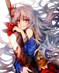 Rule 34 | 1girl, bare shoulders, blood, detached sleeves, dress, hatchet, highres, long hair, looking at viewer, multicolored clothes, multicolored dress, nata (tool), orange dress, red dress, red eyes, red ribbon, ribbon, sakata nemuno, silver hair, simple background, smile, solo, sword, touhou, very long hair, wavy hair, weapon, white background, yellow dress, yudaoshan