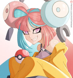 Rule 34 | 1girl, character hair ornament, creatures (company), game freak, hair ornament, highres, holding, holding poke ball, iono (pokemon), jacket, long sleeves, looking at viewer, multicolored hair, nintendo, oversized clothes, patreon username, pink eyes, pink hair, poke ball, poke ball (basic), pokemon, pokemon sv, sharp teeth, sleeves past fingers, sleeves past wrists, solo, star-shaped pupils, star (symbol), symbol-shaped pupils, teeth, two-tone hair, upper body, yamisan, yellow jacket