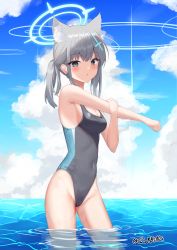 Rule 34 | 1girl, absurdres, animal ear fluff, animal ears, black one-piece swimsuit, blue archive, blue eyes, blue sky, breasts, cloud, commentary request, competition swimsuit, contrail, covered navel, cross hair ornament, extra ears, grey hair, hair ornament, halo, highres, horizon, looking at viewer, low ponytail, m1a1carbine, medium breasts, medium hair, mismatched pupils, multicolored clothes, multicolored swimsuit, one-piece swimsuit, shiroko (blue archive), shiroko (swimsuit) (blue archive), sky, soaking feet, solo, standing, swimsuit, water