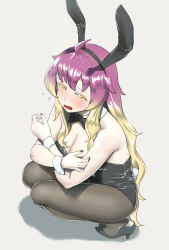 Rule 34 | 1girl, ahoge, alternate eye color, animal ears, bare shoulders, black bow, black bowtie, black leotard, black nails, blonde hair, blush, bow, bowtie, breasts, cleavage, commentary request, detached collar, embarrassed, fake animal ears, fake tail, flying sweatdrops, gradient hair, hair between eyes, half-closed eyes, highres, hijiri byakuren, leotard, long hair, looking past viewer, medium breasts, multicolored hair, nail polish, nekobatake, outline, pantyhose, playboy bunny, purple hair, rabbit ears, rabbit tail, resolution mismatch, see-through, see-through legwear, shiny clothes, shiny legwear, shiny skin, sidelocks, simple background, solo, source larger, squatting, strapless, strapless leotard, tail, tan background, thighs, tiptoes, touhou, very long hair, wrist cuffs, yellow eyes