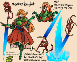 1girl :d absurdres animal armor english_text gauntlets goblin green_armor grin highres knight long_hair monkey multiple_views murgoten open_mouth orange_hair original pauldrons pointy_ears shoulder_armor simple_background smile very_long_hair weapon