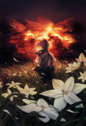 Rule 34 | 1boy, back turned, brown hair, dark, fire, flower, from behind, grass, highres, jade 0518h, lily (flower), male focus, mountain, night, outdoors, petals, ponytail, rakudai ninja rantarou, short sleeves, solo, standing, tall grass, white flower, wind