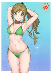 Rule 34 | 1girl, armpits, arms up, bikini, blue background, blush, breasts, brown hair, fang, fang out, gatchan, green bikini, green eyes, hair bobbles, hair ornament, highres, inuyama aoi, long hair, looking at viewer, medium breasts, navel, side-tie bikini bottom, side ponytail, simple background, skin fang, skindentation, smile, solo, standing, stomach, swimsuit, thick eyebrows, yurucamp