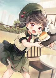 Rule 34 | 1girl, apron, beret, black hair, black ribbon, blurry, blurry background, chair, coffee, collared shirt, commentary request, cup, day, depth of field, dress shirt, fang, green apron, green hat, green skirt, hat, long hair, looking at viewer, midorikawa you, mug, necktie, open mouth, original, outdoors, plate, pleated skirt, red eyes, red necktie, ribbon, shirt, short necktie, short sleeves, skirt, solo, spilling, table, tray, twintails, unworn hat, unworn headwear, waitress, white shirt