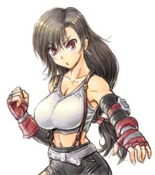 Rule 34 | 1girl, amania orz, black hair, black skirt, breasts, cleavage, elbow gloves, final fantasy, final fantasy vii, fingerless gloves, gloves, jewelry, long hair, looking at viewer, low-tied long hair, midriff, open mouth, red eyes, simple background, skirt, solo, square enix, suspender skirt, suspenders, tank top, tifa lockhart, white background