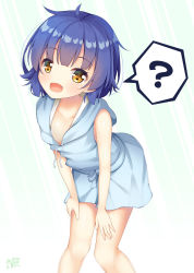 Rule 34 | 1girl, :d, ?, bare arms, blue hair, commentary request, fang, gochuumon wa usagi desu ka?, jouga maya, leaning forward, looking at viewer, open mouth, short hair, simple background, sleeveless, smile, solo, spoken question mark, white background, win opz, yellow eyes