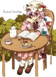 Rule 34 | 1girl, bad id, bad twitter id, bespectacled, book, bow, capelet, chair, character name, crescent, cup, dress, food, full body, glasses, hair bow, hair ornament, hat, hat bow, henki (orange), long hair, long sleeves, looking at viewer, mob cap, open book, patchouli knowledge, purple dress, purple eyes, purple hair, shoes, simple background, sitting, socks, solo, spoon, table, teacup, touhou, white background, white socks