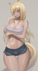 Rule 34 | 1girl, absurdres, animal ears, arknights, arm under breasts, blonde hair, blue shorts, blush, breasts, cleavage, commentary, commission, cowboy shot, english commentary, finger to mouth, grey background, hair between eyes, highres, horse ears, horse girl, horse tail, large breasts, long hair, looking at viewer, meowrim, naughty face, navel, nearl (arknights), parted lips, seductive smile, short shorts, shorts, simple background, smile, solo, tail, tank top, teeth, thighs, white tank top, yellow eyes
