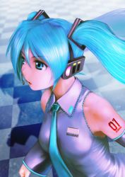 Rule 34 | 1girl, :o, aqua necktie, arm tattoo, bare shoulders, blouse, blue eyes, blue hair, breasts, checkered floor, clothes writing, collared shirt, copyright name, detached sleeves, female focus, grey shirt, hatsune miku, headphones, headset, long hair, long sleeves, looking down, necktie, number tattoo, open mouth, shadow, shirt, small breasts, solo, tattoo, twintails, upper body, very long hair, vocaloid, wing collar, yusao