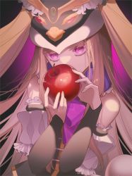 Rule 34 | 1girl, animal hat, apple, armband, black background, food, frills, fruit, hat, holding, holding food, holding fruit, leotard, light brown hair, long hair, looking at viewer, magonuri, mawaru penguindrum, penguin hat, pink eyes, princess of the crystal, solo, upper body, very long hair