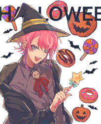Rule 34 | 0721786, 1boy, :d, alternate costume, amemura ramuda, blue eyes, candy, commentary, doughnut, food, halloween, hat, holding, holding wand, hypnosis mic, jack-o&#039;-lantern, lollipop, long sleeves, neck ribbon, open mouth, pink hair, red ribbon, ribbon, short hair, sidelocks, skull, smile, symbol-only commentary, wand, white background, witch hat