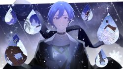 Rule 34 | 1boy, blue eyes, blue hair, choker, highres, jacket, kaito (vocaloid), long sleeves, male focus, parang 99, scarf, smile, snowflakes, solo, vocaloid, water drop
