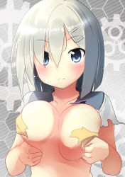 Rule 34 | 10s, 1girl, bad id, bad pixiv id, bell (oppore coppore), blush, breasts, grey background, hair ornament, hair over one eye, hairclip, hamakaze (kancolle), kantai collection, large breasts, looking at viewer, personification, short hair, silver hair, solo, torn clothes