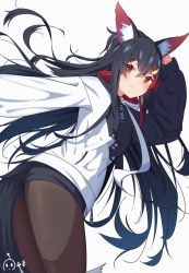 Rule 34 | 1girl, absurdres, animal ears, bad id, bad twitter id, black hair, dunggeul dunggeul, from behind, highres, hololive, hood, hoodie, long hair, ookami mio, ookami mio (casual), orange eyes, pantyhose, shorts, signature, smile, tail, thighs, virtual youtuber, white background, wolf ears, wolf tail