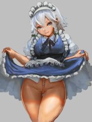 Rule 34 | 1girl, apron, axe r18, blue dress, blue eyes, bottomless, bow, braid, breasts, closed mouth, clothes lift, commentary request, cowboy shot, dress, dress lift, frilled apron, frills, green bow, grey background, hair bow, highres, izayoi sakuya, lifting own clothes, looking at viewer, maid, maid apron, maid headdress, medium breasts, medium hair, pearl thong, puffy short sleeves, puffy sleeves, shibari, shibari under clothes, short sleeves, silver hair, simple background, skirt, skirt lift, smile, solo, touhou, twin braids