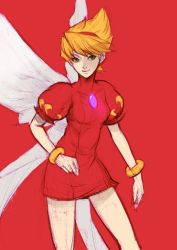 Rule 34 | 1girl, angel wings, blonde hair, bracelet, breasts, breath of fire, breath of fire iii, closed mouth, dress, green eyes, hairband, highres, jewelry, looking at viewer, nina (breath of fire iii), puffy sleeves, short hair, simple background, smile, solo, white wings, wings