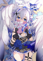 Rule 34 | 1girl, absurdres, amane kanata, amane kanata (another world), angel, angel wings, arm belt, arm tattoo, bandaged arm, bandages, blue hair, box, candy, chocolate, chocolate heart, colored inner hair, feathered wings, food, gloves, grey hair, hair bun, heart, heart-shaped box, highres, hololive, juu p, long hair, lying, multicolored hair, on back, pillow, purple eyes, single thighhigh, skindentation, skirt, solo, strapless, tattoo, thigh strap, thighhighs, tube top, virtual youtuber, wings