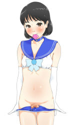 Rule 34 | 1boy, bishoujo senshi sailor moon, black hair, blush, brown hair, censored, condom, condom in mouth, cosplay, flaccid, small penis, looking at viewer, male focus, mosaic censoring, mouth hold, penis, precum, sailor mercury (cosplay), short hair, simple background, solo, standing, t1982, trap, white background