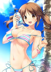 Rule 34 | 10s, 1girl, adapted costume, alternate costume, areola slip, bare arms, bare shoulders, bikini, bracelet, breasts, brown eyes, brown hair, can, cleavage, commentary request, drink can, gennosuke (artist), idolmaster, idolmaster cinderella girls, jewelry, large breasts, long hair, looking at viewer, navel, open mouth, sideboob, smile, soda can, solo, stomach, swimsuit, totoki airi, twintails, underboob