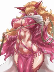 Rule 34 | 1girl, blonde hair, breasts, cleavage, female focus, hair over eyes, highres, holding, huge breasts, jewelry, large breasts, leather, legs, lipstick, long hair, makeup, midriff, navel, one piece, sadi-chan, simple background, skin tight, smile, solo, thighs, underboob, very long hair, wavy hair, whip