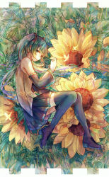 Rule 34 | 1girl, aqua hair, bad id, bad pixiv id, bai qi-qsr, black thighhighs, bug, butterfly, detached sleeves, flower, green eyes, hatsune miku, insect, long hair, lying, on side, sketch, skirt, solo, sunflower, thighhighs, twintails, vocaloid
