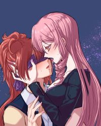 Rule 34 | 2girls, aaaaddddd, after kiss, akuma no riddle, black jacket, blindfold, blush, breasts, cleavage, crop top, cropped jacket, drill hair, hair between eyes, hand on another&#039;s face, highres, holding, inukai isuke, jacket, long hair, long sleeves, looking at another, medium breasts, midriff, multiple girls, open mouth, pink hair, ponytail, red hair, sagae haruki, saliva, saliva trail, school uniform, simple background, tongue, very long hair, yellow eyes, yuri, zipper