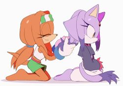 Rule 34 | 2girls, absurdres, adjusting another&#039;s hair, animal ears, blaze the cat, cat ears, cat girl, cat tail, closed eyes, forehead jewel, from side, furry, furry female, gloves, green shorts, headband, highres, long hair, multiple girls, on floor, orange fur, pants, ponytail, purple fur, purple shirt, shirt, shorts, simple background, smile, sonic (series), stellarspin, tail, tikal the echidna, white background, white gloves, white pants, white shirt, yellow eyes