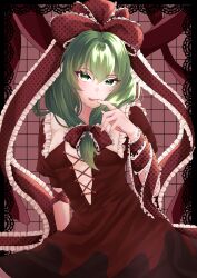 Rule 34 | 1girl, absurdres, arm ribbon, black border, border, breasts, commentary request, dress, finger to mouth, frilled ribbon, frilled shirt collar, frills, front ponytail, green eyes, green hair, grid background, hair between eyes, hair ribbon, hand up, highres, kagiyama hina, lace, lace border, long hair, looking at viewer, low neckline, ornate border, polka dot, polka dot ribbon, puffy short sleeves, puffy sleeves, red background, red dress, red ribbon, red theme, ribbon, short sleeves, sitting, small breasts, solo, tongue, tongue out, touhou, upper body, yoshino (q sci)
