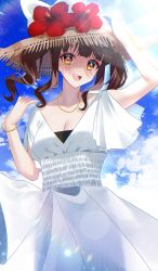 Rule 34 | 1girl, :d, absurdres, blue sky, blush, breasts, brown hair, cleavage, cloud, dress, hat, highres, idolmaster, idolmaster cinderella girls, lens flare, looking at viewer, ogata chieri, open mouth, outdoors, sky, smile, solo, straw hat, sunlight, twintails, wavy hair, white dress, yuuyu (moco20111115)