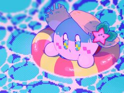 Rule 34 | 0tamt0, afloat, blue eyes, blush stickers, commentary, full body, hat, hat ornament, highres, innertube, kirby, kirby (series), leaf, nintendo, no humans, outdoors, pixelated, solo, star (symbol), star hat ornament, straw hat, swim ring, symbol-only commentary, water