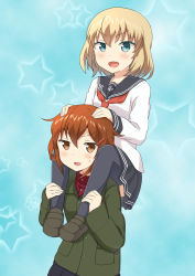 Rule 34 | &gt;:d, 10s, 2girls, :d, black pantyhose, blonde hair, blue background, blue eyes, brown footwear, brown hair, carrying, commentary request, cosplay, costume switch, fang, girls und panzer, green jacket, hair ornament, hairclip, highres, ikazuchi (kancolle), ikazuchi (kancolle) (cosplay), jacket, kantai collection, katyusha, katyusha (cosplay), katyusha (girls und panzer), loafers, long sleeves, looking at viewer, miniskirt, miyabeeya, multiple girls, open mouth, pantyhose, pleated skirt, red shirt, school uniform, serafuku, shirt, shoes, short hair, shoulder carry, skirt, smile, standing, star (symbol), starry background, sweatdrop, thighhighs, turtleneck, upper body, v-shaped eyebrows