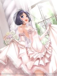 Rule 34 | 00s, 1girl, backless dress, backless outfit, bare shoulders, blue eyes, blue hair, bouquet, breasts, bridal veil, cleavage, cowboy shot, curtains, dress, elbow gloves, flower, frills, gloves, isara gunther, jewelry, looking at viewer, matching hair/eyes, necklace, official art, open mouth, pearl necklace, senjou no valkyria (series), senjou no valkyria 1, short hair, skirt hold, small breasts, smile, solo, sunlight, tea (nakenashi), tiara, veil, watermark, wedding dress, window