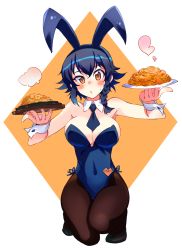 Rule 34 | 10s, 1girl, animal ears, black hair, black leotard, black necktie, black pantyhose, blush, braid, breasts, brown eyes, character name, cleavage, covered navel, detached collar, fake animal ears, food, full body, girls und panzer, holding, holding food, kusanagi tonbo, large breasts, leotard, looking at viewer, necktie, on one knee, pantyhose, pasta, pepperoni (girls und panzer), plate, playboy bunny, rabbit ears, short hair, side-tie leotard, side braid, solo, steam, strapless, strapless leotard, wrist cuffs