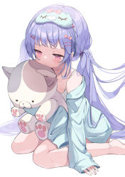 Rule 34 | 1girl, aqua jacket, bare legs, bare shoulders, bow, commentary, dress, eye mask, feet out of frame, hair bow, hair ornament, hairclip, highres, holding, holding stuffed toy, jacket, koyubita, long hair, long sleeves, looking down, off-shoulder jacket, off shoulder, original, pink bow, pink eyes, pout, purple hair, simple background, sleeves past fingers, sleeves past wrists, stuffed animal, stuffed cat, stuffed toy, symbol-only commentary, twintails, very long hair, white background, white dress