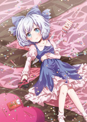 Rule 34 | 1girl, absurdres, adapted costume, bad id, bad pixiv id, blue eyes, blue hair, bow, candy, cirno, food, gift, hair bow, heart, heart-shaped pupils, highres, ice, ice wings, kuromame (8gou), lying, matching hair/eyes, pocky, short hair, smile, socks, solo, symbol-shaped pupils, touhou, wings