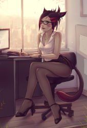 Rule 34 | 1girl, animal ears, warrior of light (ff14), black footwear, black pantyhose, bracelet, braid, breasts, cat ears, cat tail, cityscape, cleavage, closed mouth, crossed legs, dark-skinned female, dark skin, day, earrings, facial mark, fictional persona, final fantasy, final fantasy xiv, glasses, green eyes, high heels, holding, holding pen, indoors, jewelry, lips, looking at viewer, marie makise, medium breasts, miqo&#039;te, monitor, multicolored hair, necklace, office lady, pantyhose, pen, pencil skirt, shirt, short hair, sitting, skirt, sleeveless, sleeveless shirt, slit pupils, smile, solo, soranamae, tail, two-tone hair, watch, white shirt, window, wristwatch