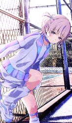 Rule 34 | 1girl, absurdres, against fence, blonde hair, choker, fence, highres, hololive, hololive dev is, jacket, long sleeves, open clothes, open jacket, outdoors, photo background, purple choker, purple eyes, purple jacket, shirt, shoes, shorts, sneakers, solo, t4n4k4 no yosei, todoroki hajime, two side up, virtual youtuber, white shirt