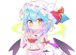 Rule 34 | 1girl, absurdres, animal, animal on head, ascot, bat wings, blue hair, brooch, center frills, closed mouth, collared shirt, commentary request, cowboy shot, fingernails, frilled shirt collar, frilled sleeves, frills, hair between eyes, hat, hat ribbon, highres, jewelry, looking at viewer, mob cap, nail polish, on head, pointy ears, puffy short sleeves, puffy sleeves, red ascot, red brooch, red nails, red ribbon, remilia scarlet, ribbon, ribbon-trimmed headwear, ribbon trim, sharp fingernails, shinrabanshou (ehjs2237), shirt, short hair, short sleeves, simple background, skirt, solo, touhou, white background, white hat, white shirt, wings
