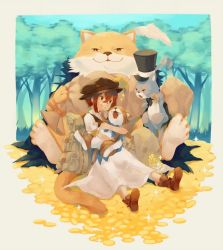 Rule 34 | 1girl, animal, brown hair, cat, dress, forest, gloves, hat, irono16, jewelry, looking at viewer, nature, octopath traveler, octopath traveler i, open mouth, short hair, simple background, sky, smile, tressa (octopath traveler)