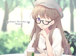 Rule 34 | 1girl, ;), arm on table, arms on table, black-framed eyewear, blurry, blurry background, braid, brown hair, character name, coffee cup, commentary, cup, disposable cup, english text, finger to mouth, french braid, fujishima megumi, glasses, grey hat, happy birthday, hat, heart, highres, link! like! love live!, long hair, love live!, on chair, one eye closed, outdoors, purple eyes, rainbow, semi-rimless eyewear, shirt, shushing, sidelocks, sitting, smile, tree, under-rim eyewear, white shirt, yutuki ame